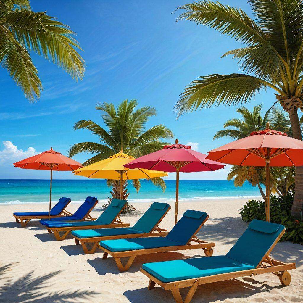 A vibrant beach scene with an array of stylish bathing suits hanging on a wooden rack beside a sparkling ocean. Include sun loungers and colorful beach umbrellas under a clear blue sky, with happy vacationers enjoying the sun. The focus should be on the eye-catching designs of the swimsuits, showcasing different styles and colors. Add some tropical plants in the background for a serene vibe. super-realistic. vibrant colors. 3D.