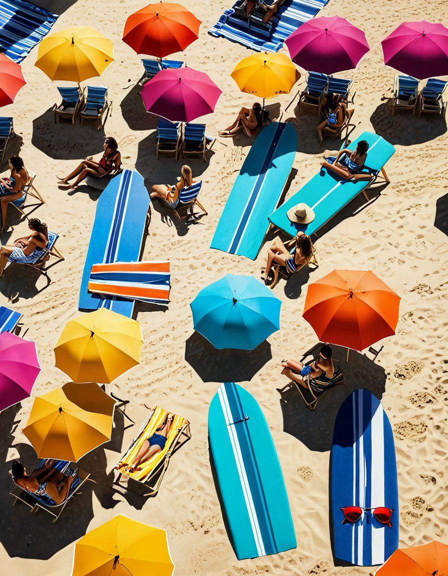 A vibrant beach scene showcasing a diverse group of people in stylish, trendy swimwear, lounging under colorful umbrellas with a stunning ocean backdrop. Include surfboards and beach towels scattered around, and bright beach accessories like sunglasses and hats to add flair. The sun shines brightly, casting playful shadows in the sand, evoking a sense of relaxation and fun. tropical beach vibe. super-realistic. vibrant colors.