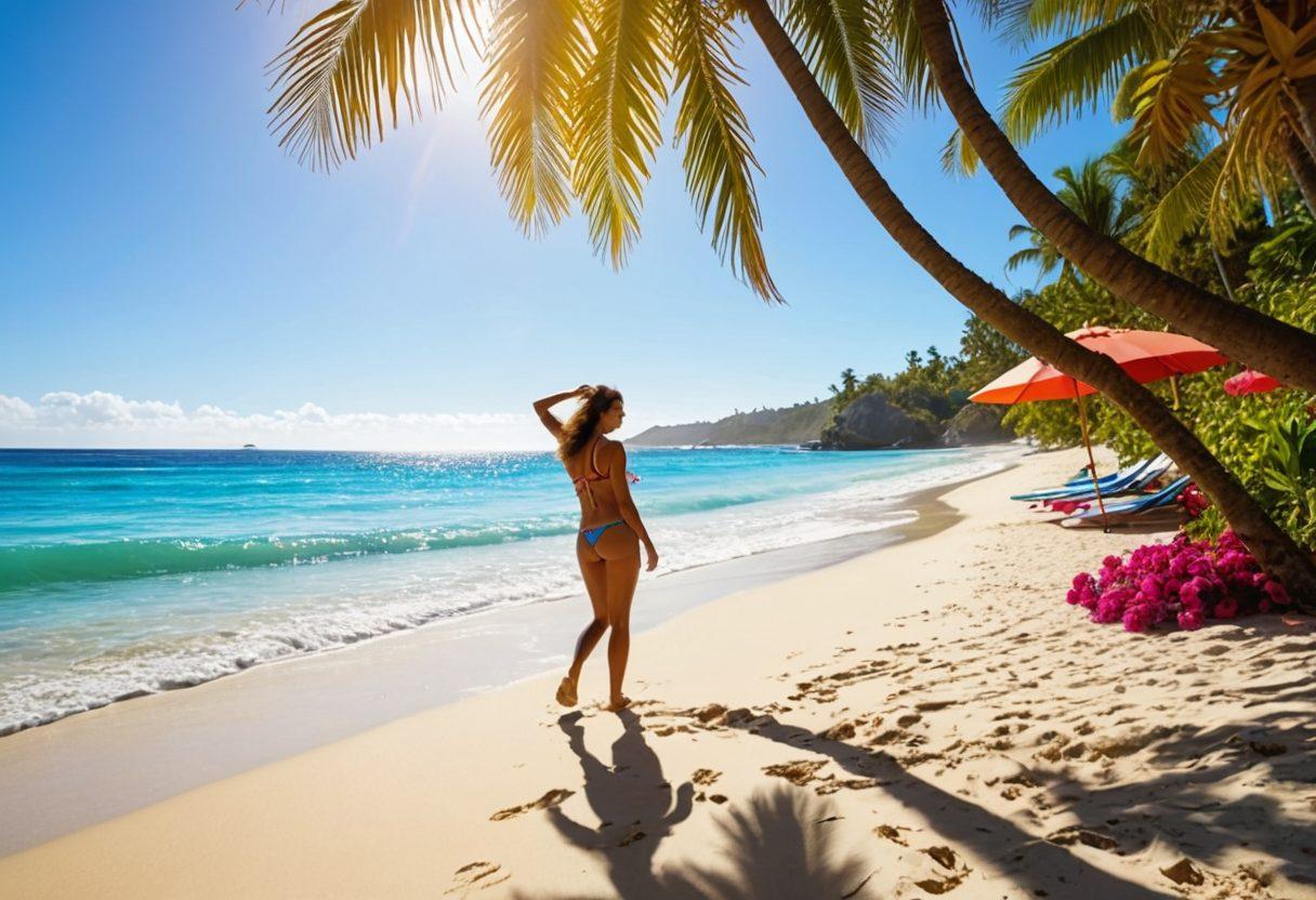 A vibrant tropical beach scene featuring stylish beachwear on diverse models lounging under palm trees, with a crystal-clear ocean in the background. Include colorful beach umbrellas, exotic flowers, and playful beach activities like beach volleyball and paddleboarding. Capture the essence of relaxation and fashion, with bright sunlight casting lively shadows. super-realistic. vibrant colors. 3D.